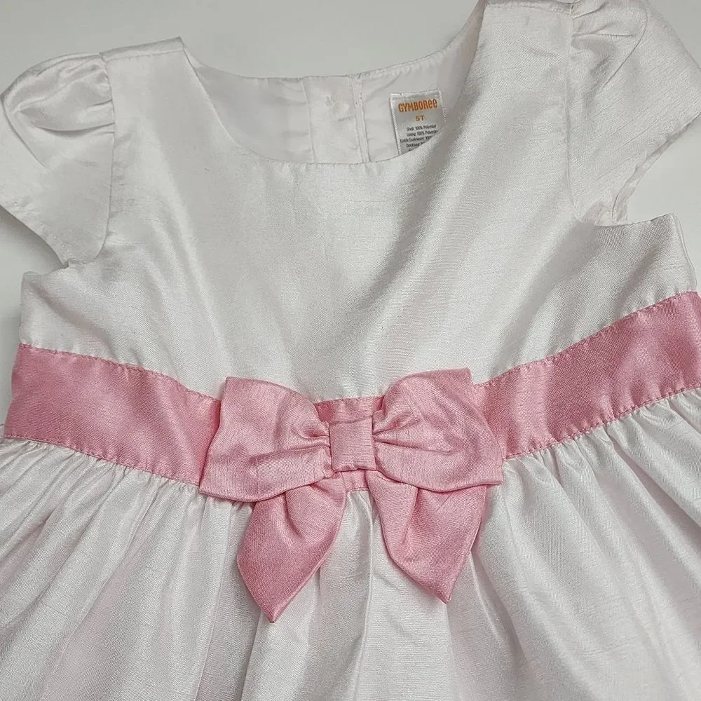 Girls Gymboree White & Pink Pastel Colors Striped Elegant Bow Dress Size 5t
